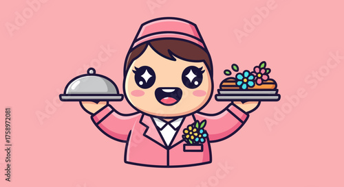 Cute bellhop holding trays of cake and covered dish on pink background