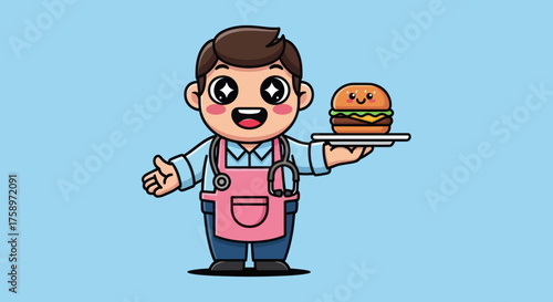 Cartoon doctor with apron holds happy burger on a plate against light blue background