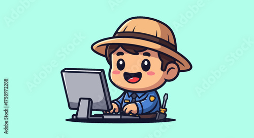 Cartoon ranger at computer