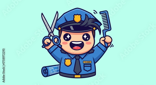 Cartoon cop holding scissors and comb with blueprint on blue background