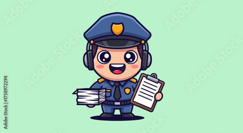 Cute police officer cartoon holding notepad and files