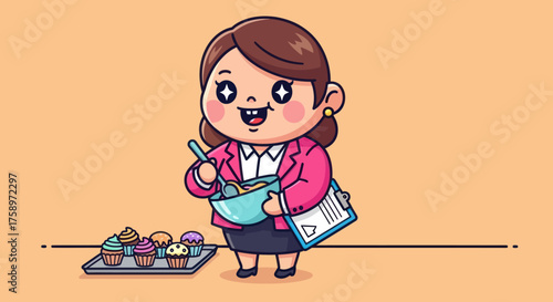 Cartoon woman mixes batter