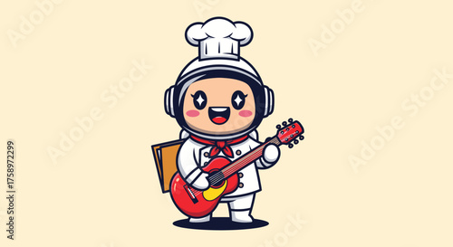 Cartoon astronaut-chef plays a red guitar