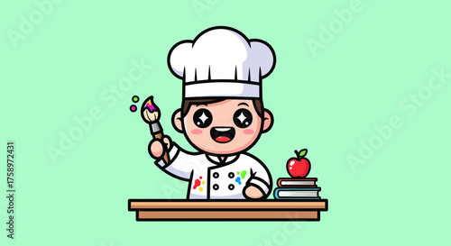 Cartoon chef with paintbrush and books