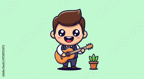 Cheerful character playing guitar near a potted plant