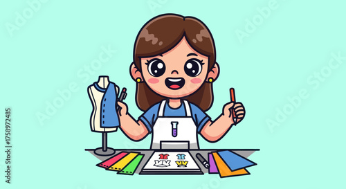 Cute, cartoon designer with a dress form at a table of fabric swatches