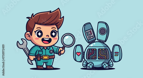 Cartoon mechanic inspects a robot bunny with a magnifying glass