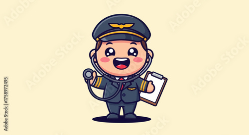 Cartoon pilot wearing stethoscope, holding clipboard, smiling