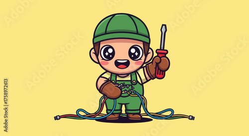 Cartoon electrician holding wires and a screwdriver, smiling