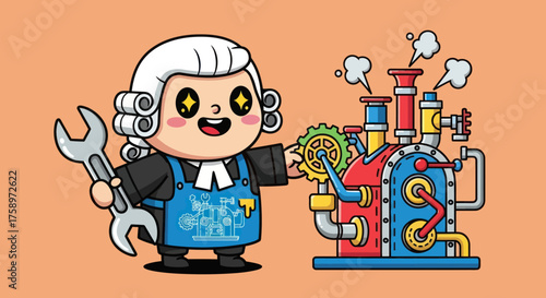Cartoon engineer with steam engine