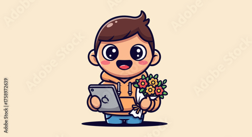 Kawaii character with flowers and tablet
