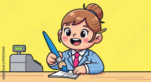 Cartoon business woman with paintbrush and cash register