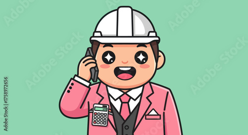 Cartoon construction worker on phone, sparkly eyes