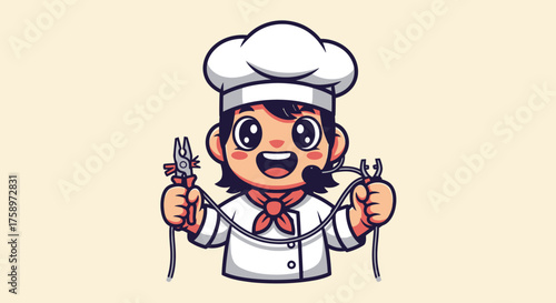 Cartoon chef character holds pliers to connect wires, has a headset, red scarf
