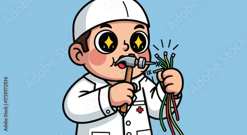 Cartoon doctor fixing wires with hammer, starry eyes