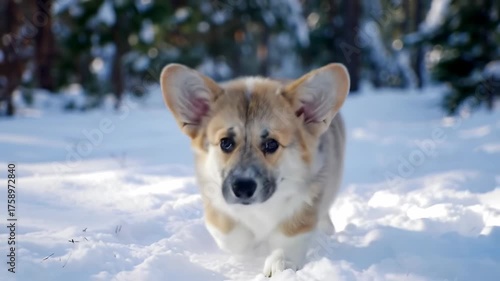 Cute puppy walking in a snowy forest for a winter campaign or seasonal greeting