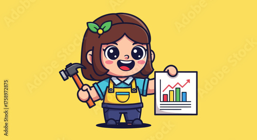 Cartoon girl holding hammer & chart
