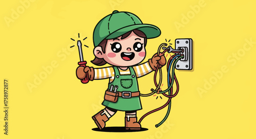Cartoon electrician child fixing outlet with colorful wires