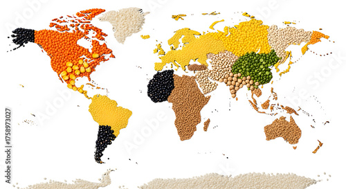Global food sources visualized with beans, grains, and seeds forming world map