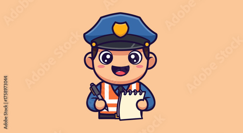 Smiling cartoon cop holding notepad and pen on light peach background