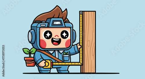Cartoon character measures wood, carries plant on pale blue background