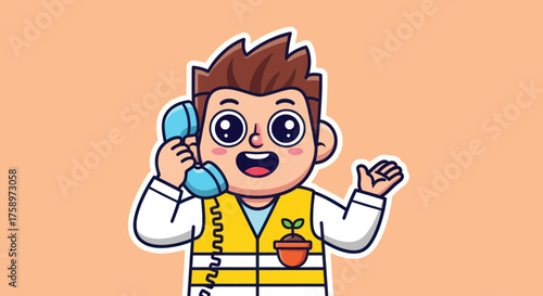Cartoon character with phone, wearing vest and plant in pot detail