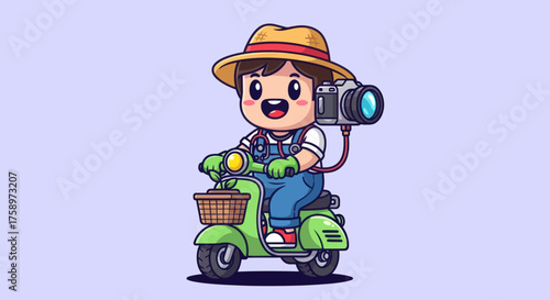 Cartoon farmer rides a scooter with camera on a purple backdrop