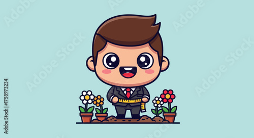 Animated tailor in a suit, tape measure, and flowers, on a pale blue background