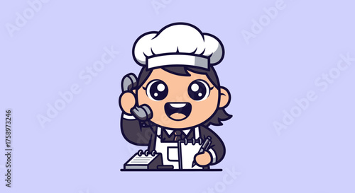 Smiling cartoon chef taking order on phone and writing on pad