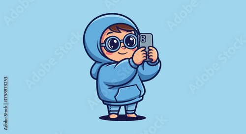 Cartoon of child in hoodie taking picture with phone