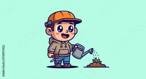 Cute cartoon gardener waters plant with a watering can