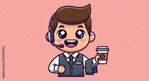 Cute cartoon boy with headset, coffee, and uniform on pink background