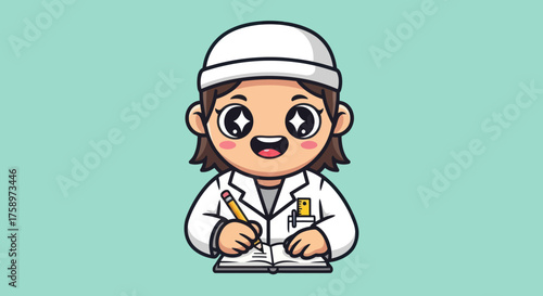 Cartoon woman with white lab coat writing on a notepad with pencil
