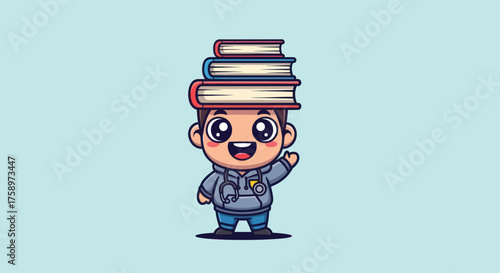 Cartoon doctor character with books on head