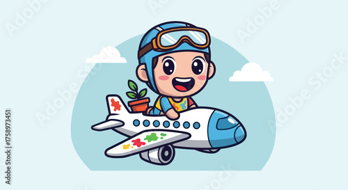 Happy cartoon aviator rides a colorful plane with plant on light-blue backdrop