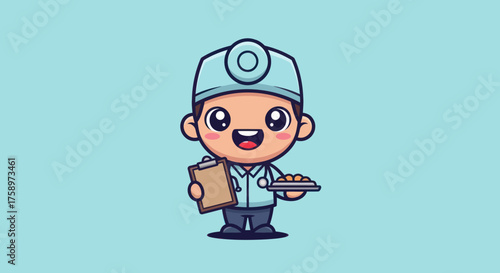 Cartoon medic holding clipboard and tray on a solid light blue backdrop