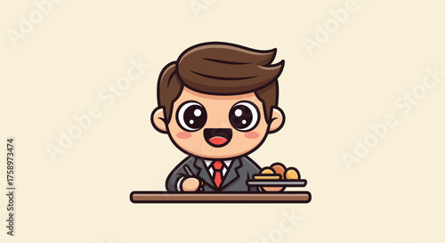 Cartoonish drawing of a man in a suit holding a platter of food