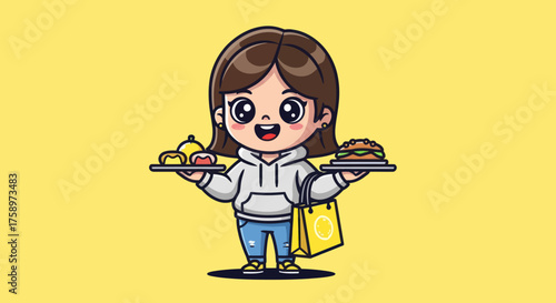 Cartoon girl holds food trays
