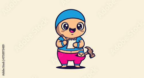 Cartoon builder taking notes, another in pocket