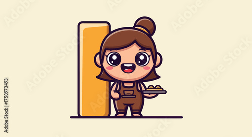 Cute cartoon girl in overalls holding a tray of pastries, standing by a rounded-edge block