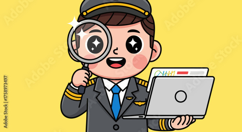 Cartoon pilot with magnifying glass, laptop, and yellow background