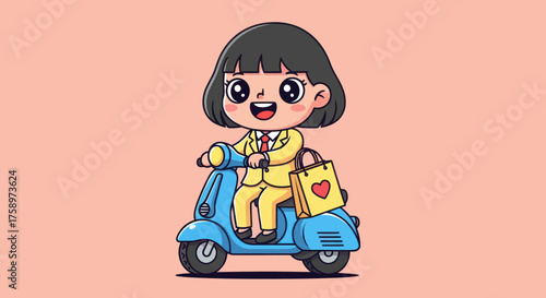 Cartoon of a woman on a blue scooter with a shopping bag