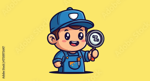 Cartoon worker in overalls with magnifier against yellow background