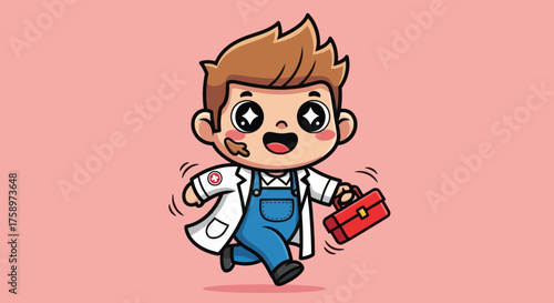 Cartoon medic in overalls dashes with red kit against pink