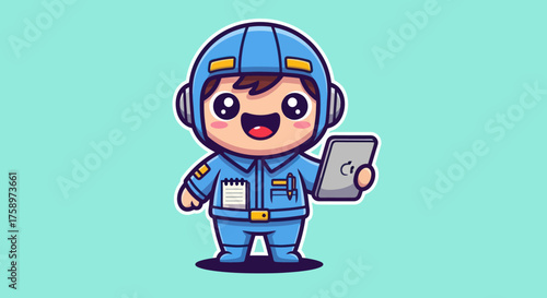 Cartoon technician in blue uniform holding a tablet and smiling