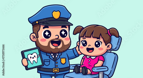 Cartoon cop comforts girl in dental chair, holding tooth image