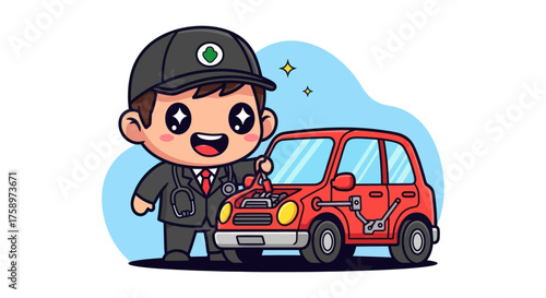 Cartoon mechanic fixes a red car