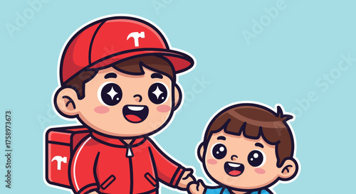 Delivery-person cartoon gives a child a tool in front of a light blue backdrop