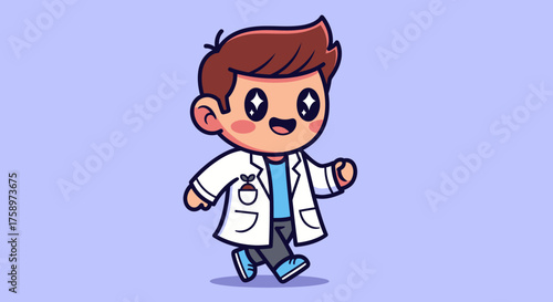Cartoon scientist walking cheerfully on a light-purple background