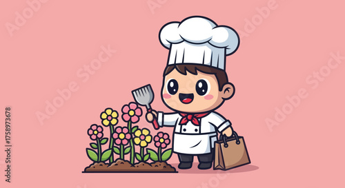 Cartoon chef character tending flowers